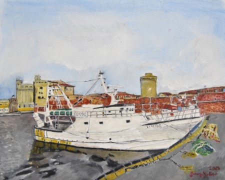 Veduta della Fortezza Vecchia a Livorno, con colori chiari e brillanti, rappresentazione semplice e luminosa del complesso storico, dipinto da Giuseppe Geloso.