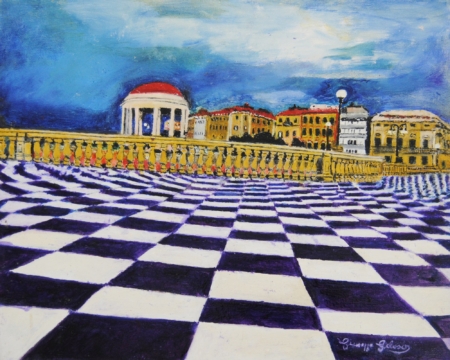 Dipinto Terrazza Mascagni a Livorno di Giuseppe Geloso con pavimento a scacchiera blu e viola, balaustra arancio e tramonto notturno