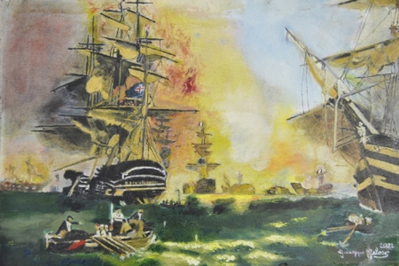 Dipinto La battaglia di Algeri di Giuseppe Geloso con velieri in combattimento, fumo, fuoco e mare agitato