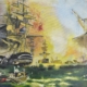 Dipinto La battaglia di Algeri di Giuseppe Geloso con velieri in combattimento, fumo, fuoco e mare agitato
