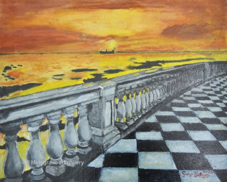 Dipinto La Terrazza Mascagni di Giuseppe Geloso con pavimento a scacchiera, balaustra e tramonto sul mare di Livorno