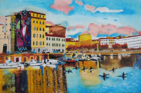 Dipinto veduta urbana dei Fossi Medicei a Livorno di Giuseppe Geloso con canale, palazzi storici e barche