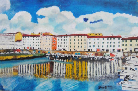 Dipinto Livorno, Scali delle Cantine di Giuseppe Geloso con lungocanale, palazzi storici e riflessi sull’acqua