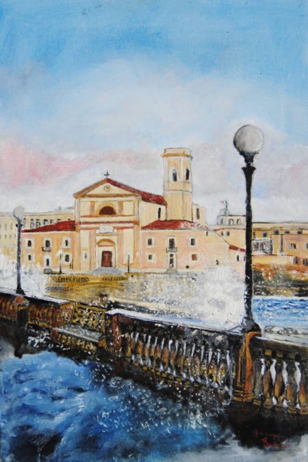 Dipinto San Jacopo in Acquaviva di Giuseppe Geloso con chiesa, lungomare e mareggiata a Livorno