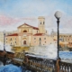 Dipinto San Jacopo in Acquaviva di Giuseppe Geloso con chiesa, lungomare e mareggiata a Livorno