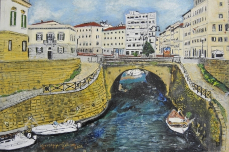 Dipinto Fosso Reale a Livorno di Giuseppe Geloso con canale, ponte di Piazza Cavour e palazzi storici