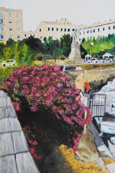 Veduta verticale di Piazza Garibaldi a Livorno di Giuseppe Geloso con monumento a Garibaldi, canale, barche e bougainvillea