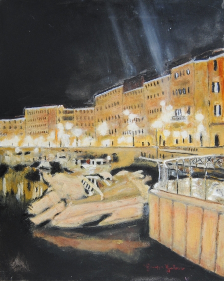 Dipinto Ponte Nuovo di Giuseppe Geloso con Fossi Medicei, palazzi illuminati e riflessi notturni