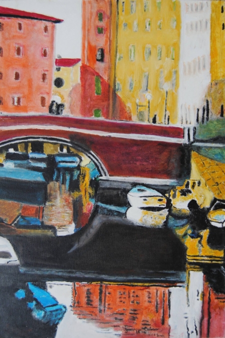 Dipinto Quartiere La Venezia 1 Livorno di Giuseppe Geloso con ponte rosso, canale e riflessi dinamici