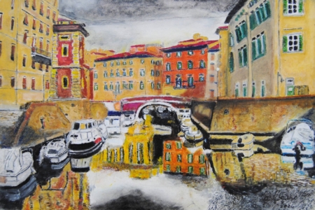 Dipinto Quartiere La Venezia 2 Livorno di Giuseppe Geloso con canali, palazzi storici e riflessi sull’acqua