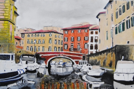 Dipinto Quartiere La Venezia 3 a Livorno di Giuseppe Geloso con ponte ad arco, palazzi storici e canale con barche
