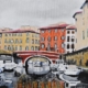 Dipinto Quartiere La Venezia 3 a Livorno di Giuseppe Geloso con ponte ad arco, palazzi storici e canale con barche