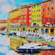 Giuseppe Geloso Quartiere La Venezia Livorno (4) Dipinto di Giuseppe Geloso con scorcio urbano e canali e cielo luminosi, pittura figurativa contemporanea livornese