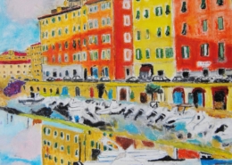 Dipinto di Giuseppe Geloso con scorcio urbano e canali e cielo luminosi, pittura figurativa contemporanea livornese