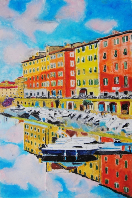 Dipinto di Giuseppe Geloso con scorcio urbano e canali e cielo luminosi, pittura figurativa contemporanea livornese