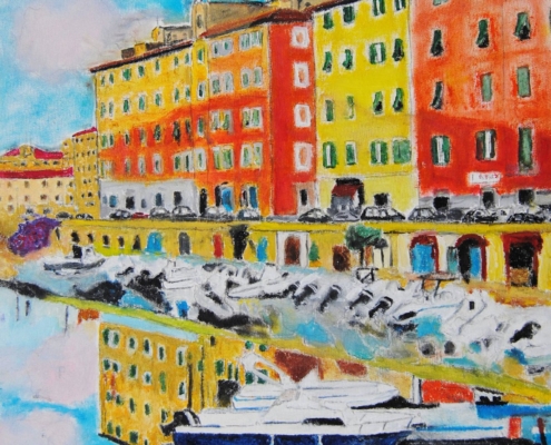 Dipinto di Giuseppe Geloso con scorcio urbano e canali e cielo luminosi, pittura figurativa contemporanea livornese