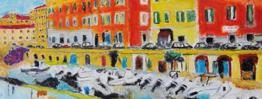 Dipinto di Giuseppe Geloso con scorcio urbano e canali e cielo luminosi, pittura figurativa contemporanea livornese