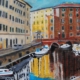 Dipinto Riflessi nella Venezia di Giuseppe Geloso con Quartiere La Venezia a Livorno, palazzi colorati, ponte ad arco e riflessi sull’acqua
