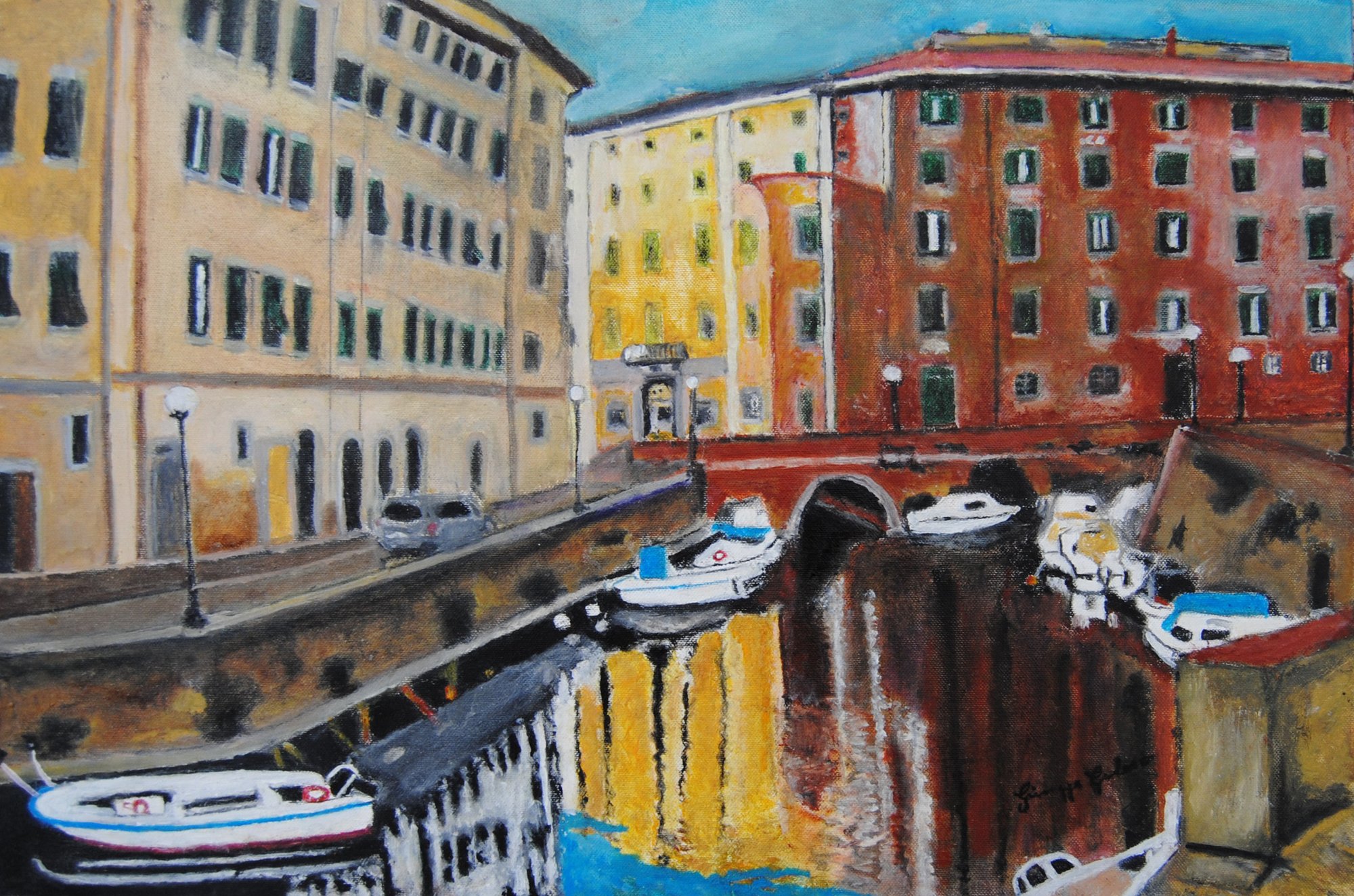 Dipinto Riflessi nella Venezia di Giuseppe Geloso con Quartiere La Venezia a Livorno, palazzi colorati, ponte ad arco e riflessi sull’acqua