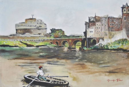 Veduta di Castel Sant’Angelo a Roma, con tratti semplici e colori chiari, evocando la città antica e scomparsa.