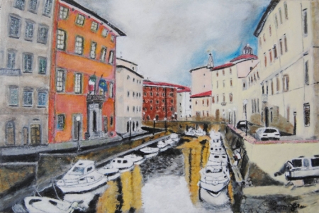 Veduta prospettica degli Scali Rosciano a Livorno di Giuseppe Geloso con canale, barche e palazzi storici