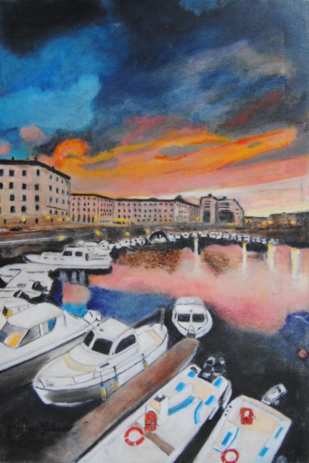 Dipinto Tramonto sul Quartiere La Venezia di Giuseppe Geloso con barche, canale e cielo crepuscolare a Livorno