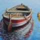 Olio su tela 30x40 cm di Giuseppe Pierozzi, barca all’ormeggio in primo piano, mare calmo e cielo azzurro.