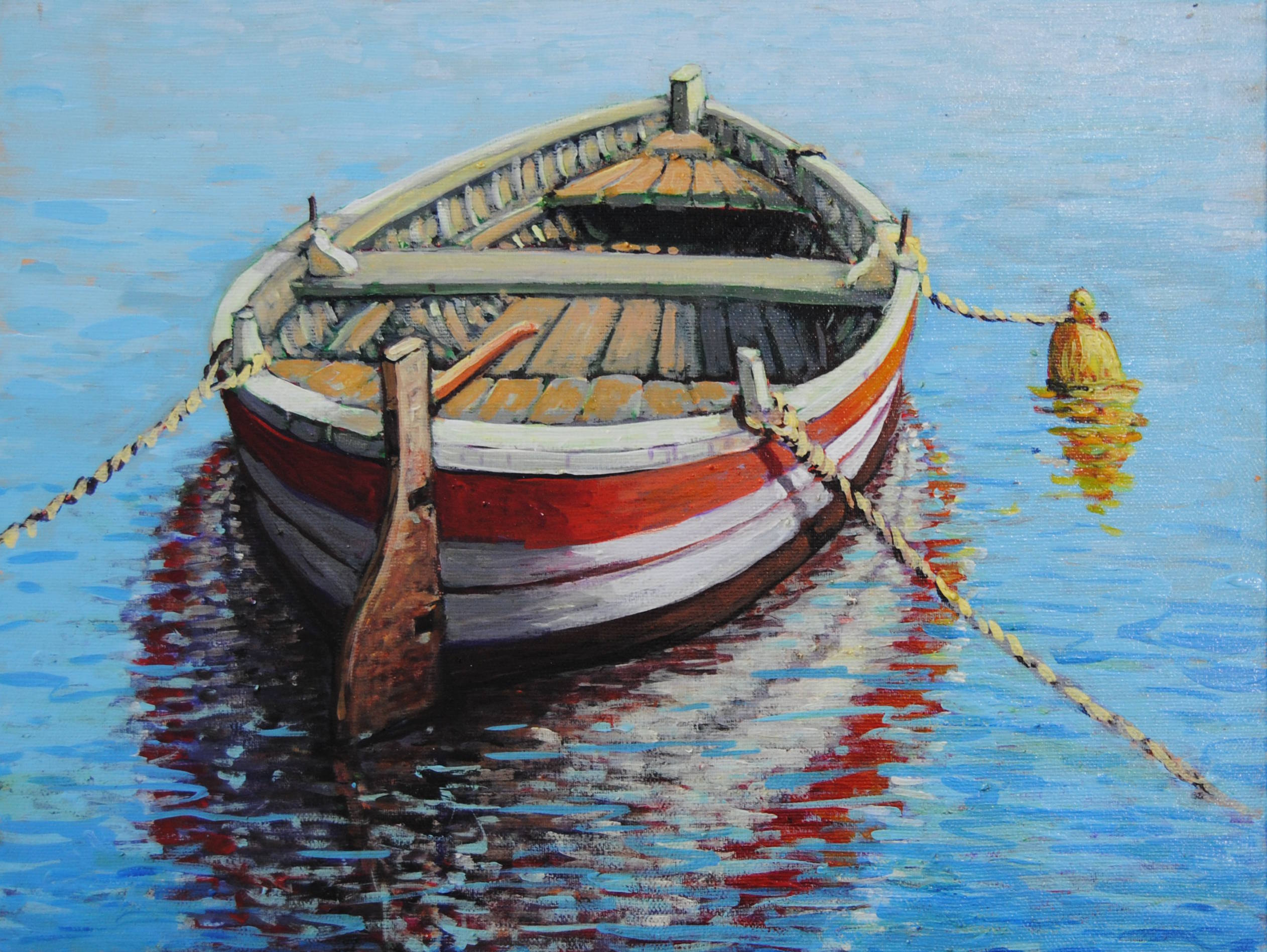 Olio su tela 30x40 cm di Giuseppe Pierozzi, barca all’ormeggio in primo piano, mare calmo e cielo azzurro.