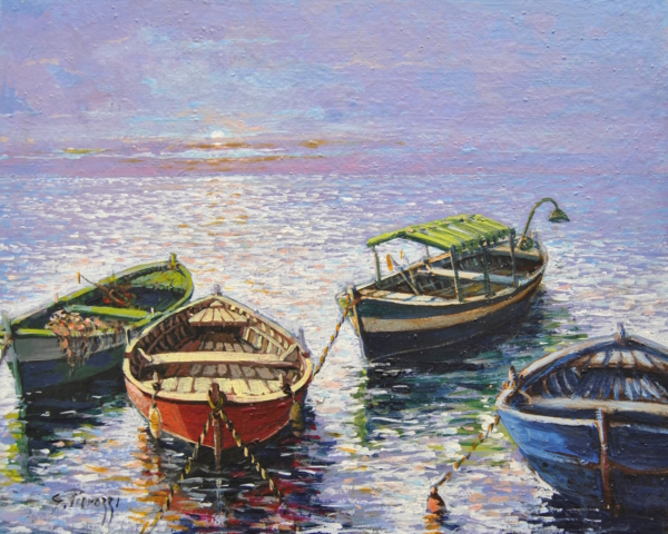 Olio su tavola 40x50 cm di Giuseppe Pierozzi, barche su mare sereno al tramonto, riflessi violetti, pittura figurativa e poetica.
