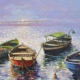 Olio su tavola 40x50 cm di Giuseppe Pierozzi, barche su mare sereno al tramonto, riflessi violetti, pittura figurativa e poetica.