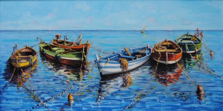 Olio su tavola 50x100 cm – Barche all’ormeggio di Giuseppe Pierozzi