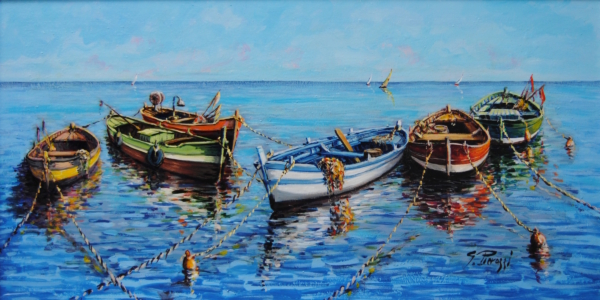 Olio su tavola 50x100 cm – Barche all’ormeggio di Giuseppe Pierozzi