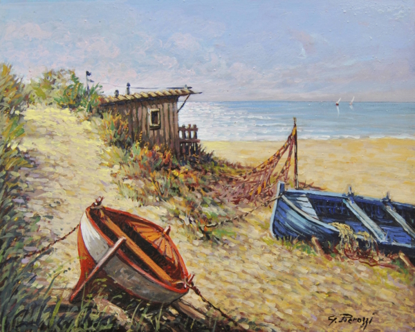 Olio su tavola 40x50 cm di Giuseppe Pierozzi, barca sulla spiaggia a riva, mare in lontananza, pittura figurativa poetica.
