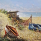 Olio su tavola 40x50 cm di Giuseppe Pierozzi, barca sulla spiaggia a riva, mare in lontananza, pittura figurativa poetica.
