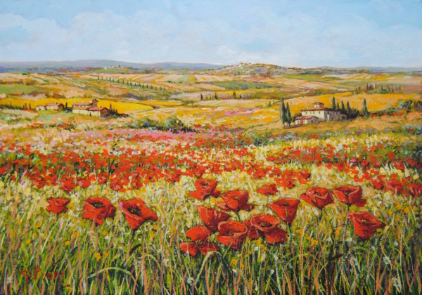 Olio su tela 70x100 cm di Giuseppe Pierozzi, campagna estiva rigogliosa con papaveri rossi, colori caldi e vivaci, pittura allegra e festosa.