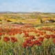 Olio su tela 70x100 cm di Giuseppe Pierozzi, campagna estiva rigogliosa con papaveri rossi, colori caldi e vivaci, pittura allegra e festosa.