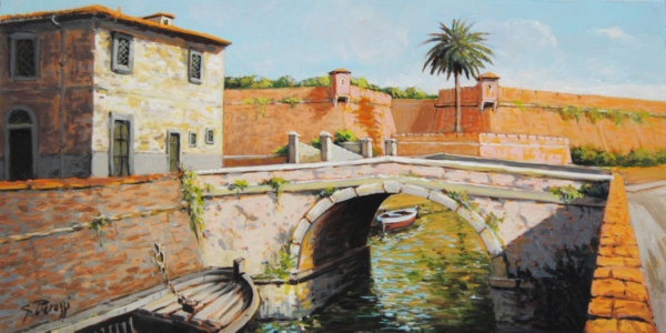 Quadro olio su tela Fortezza Nuova Livorno, scorcio della città 40x80