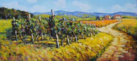 Olio su tavola 58x26 cm di Giuseppe Pierozzi, vigna ai lati di una strada con casolare in lontananza sotto cielo azzurro, colori caldi e vivaci.