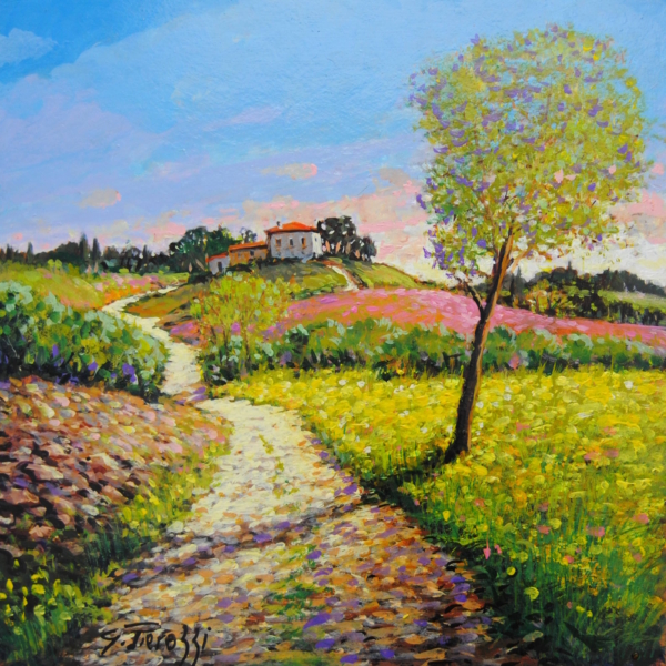 Olio su tavola 50x50 cm di Giuseppe Pierozzi, paesaggio Poggio ai Grilli con viottola, albero laterale e casolare in lontananza, toni caldi e dorati.