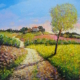 Olio su tavola 50x50 cm di Giuseppe Pierozzi, paesaggio Poggio ai Grilli con viottola, albero laterale e casolare in lontananza, toni caldi e dorati.
