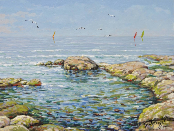 Scogli ad Antignano di Giuseppe Pierozzi, olio su tavola 30x40 cm