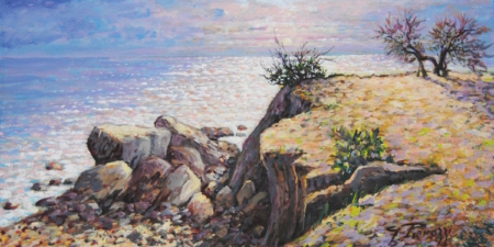 Scogliera ad Antignano al tramonto di Giuseppe Pierozzi, olio su tela 30x60 cm