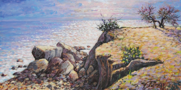 Scogliera ad Antignano al tramonto di Giuseppe Pierozzi, olio su tela 30x60 cm