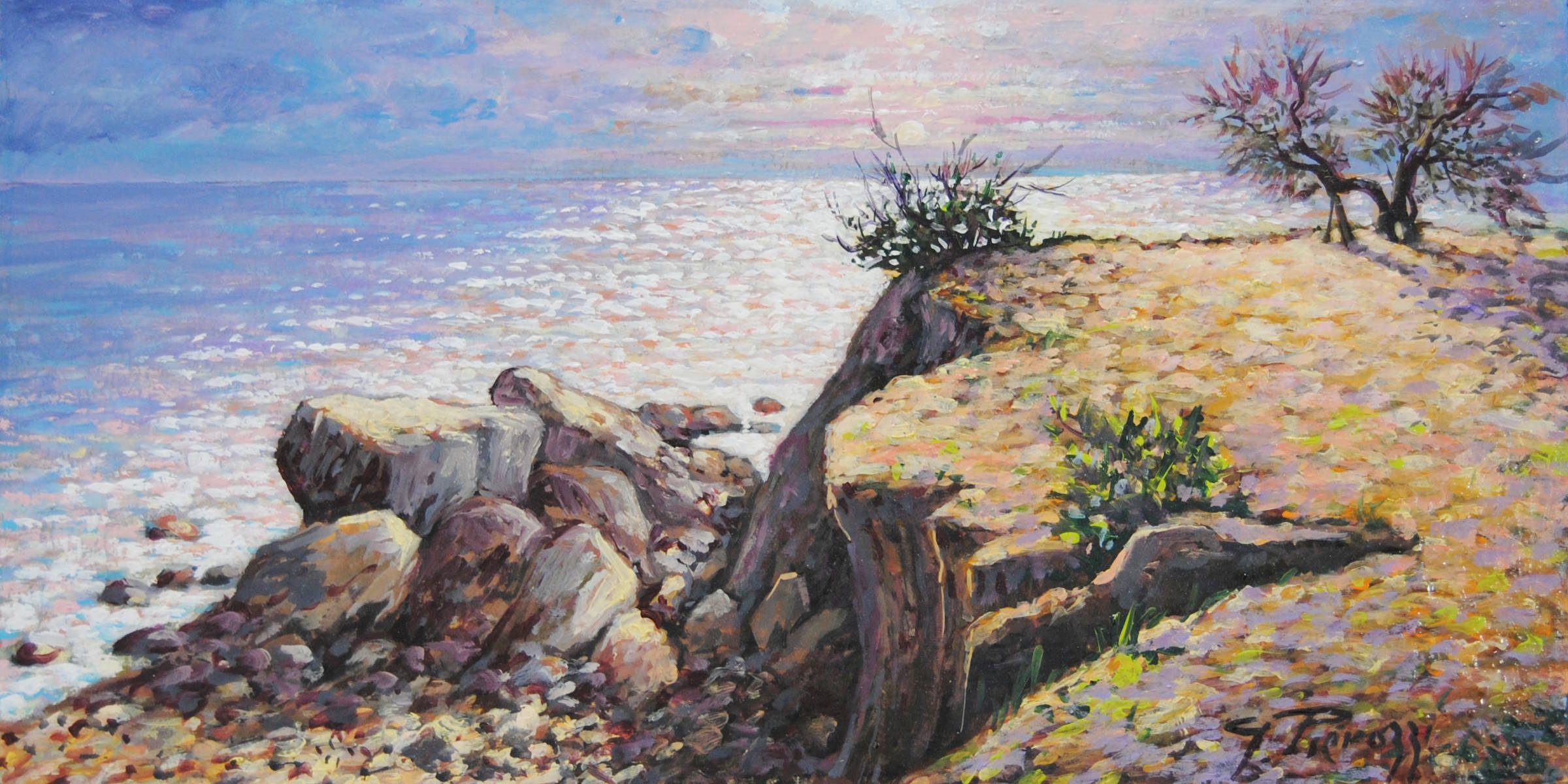 Scogliera ad Antignano al tramonto di Giuseppe Pierozzi, olio su tela 30x60 cm