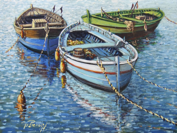 Olio su tela 40x30 cm di Giuseppe Pierozzi, tre barche all’ormeggio in mare calmo, colori azzurri e verde legno barche.