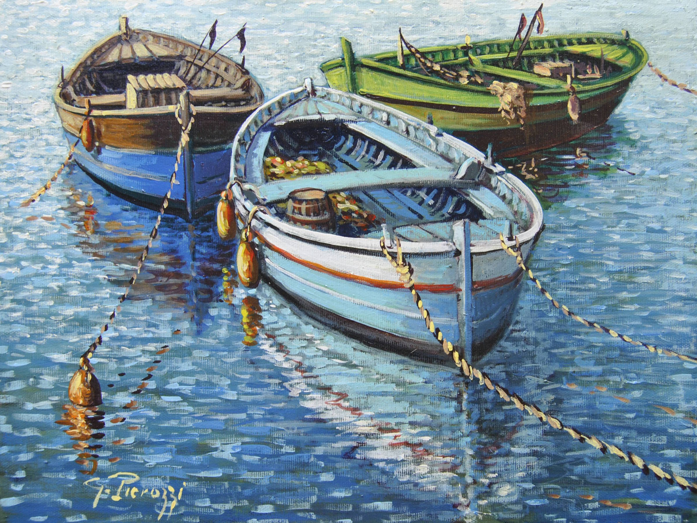 Olio su tela 40x30 cm di Giuseppe Pierozzi, tre barche all’ormeggio in mare calmo, colori azzurri e verde legno barche.