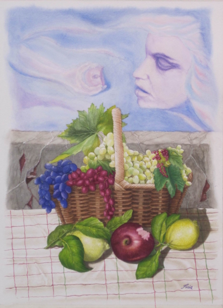 Acquerello su carta di Fiorenzo Isaia, “Il piacere della tentazione”, natura morta surreale con uva, frutti e volto femminile etereo