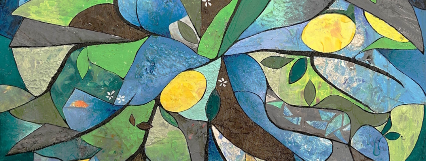 Laura Ruberto – Opera materica e stratificata con stoffe, metalli e materiali di recupero, armonia tra texture e colore.