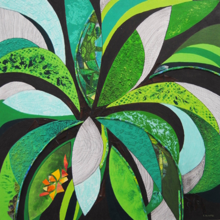 Il gusto dei datteri di Laura Ruberto – Quadro materico con tonalità verdi, spirale di foglie e frutti stilizzati, intreccio tra astratto e naturale.