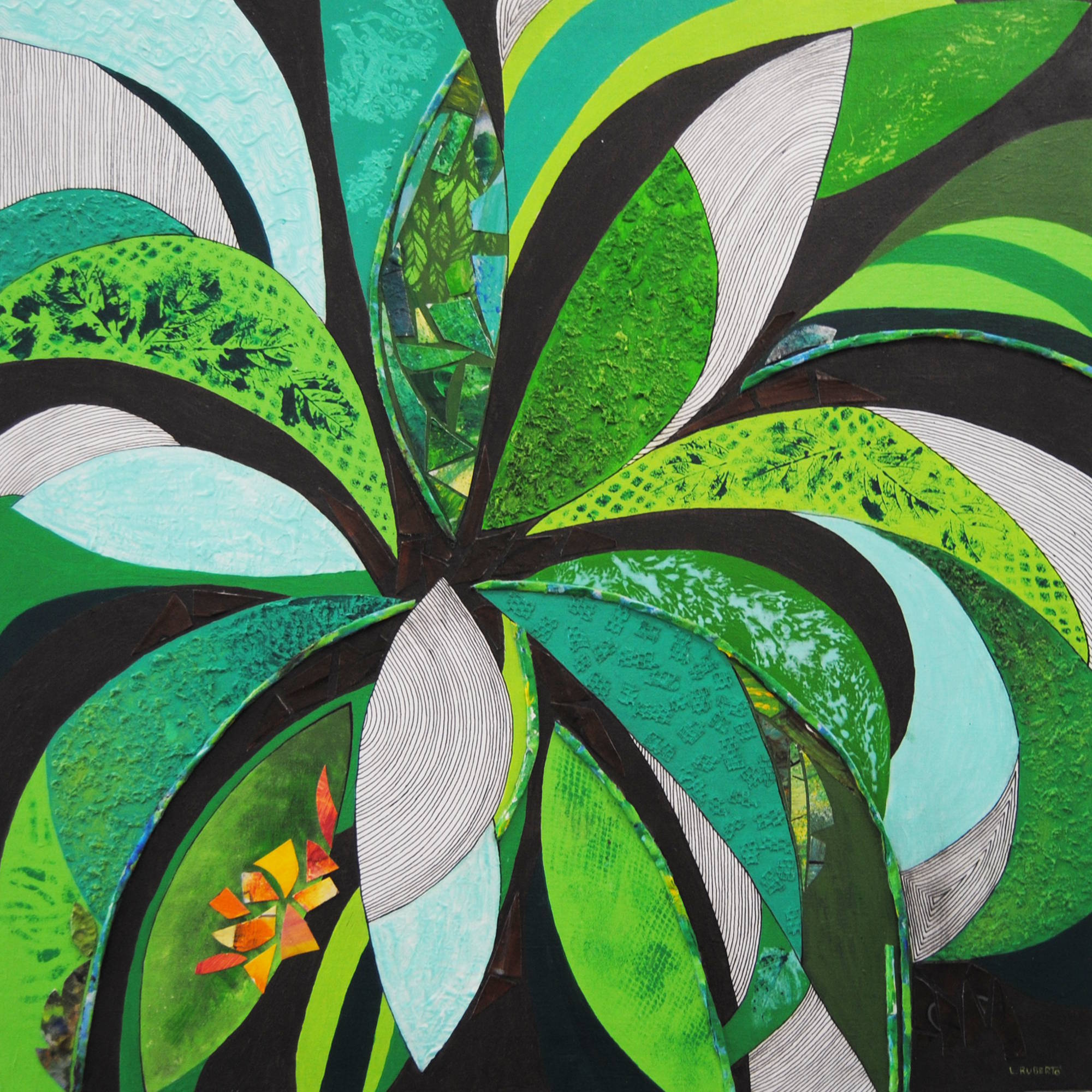 Il gusto dei datteri di Laura Ruberto – Quadro materico con tonalità verdi, spirale di foglie e frutti stilizzati, intreccio tra astratto e naturale.